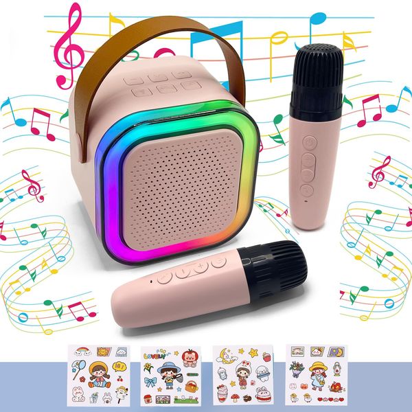 VASTTRON Mini Karaoke Machine for Kids Adults, Kids Portable Bluetooth Speaker with 2 Wireless Microphones 4 Stickers Karaoke Toys for Girls Ages 4-12 Years Old Birthday Children's Day Gifts