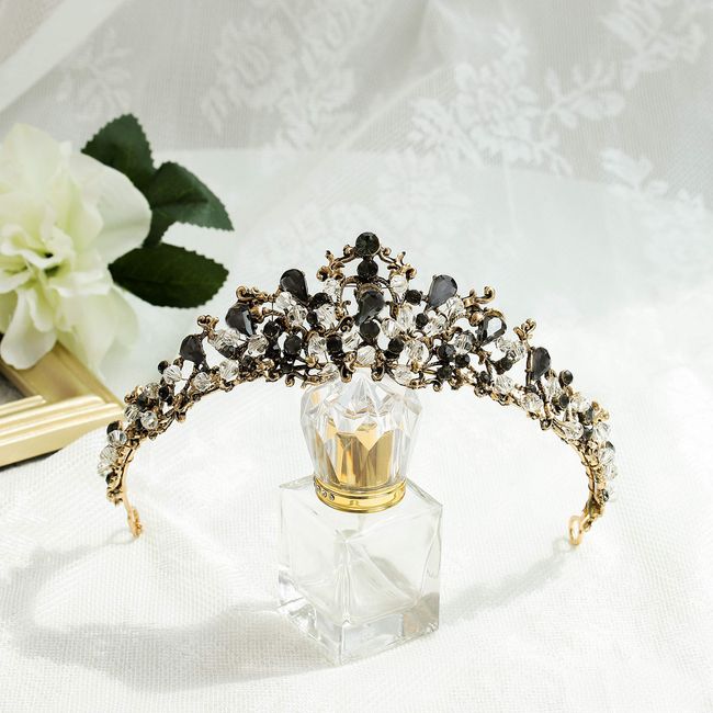 Blufly Vintage Queen Crown Gold Crystal Tiara Crown Gemstone Princess Bridal Tiara Handmade Hair Ornaments for Women Girls