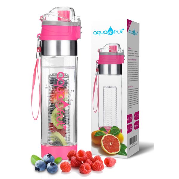 New Improved Unique Bottom Loading Fruit Infuser Water Bottle Complete Bundle Includes Bottle Brush, Insulating Sleeve & Infusion Recipe eBook. Leak Proof Sweat Proof BPA-Free (Pink)