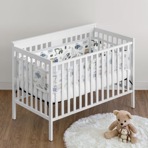 Sweet Jojo Designs + BreathableBaby Green Blue Construction Truck Boy Breathable Mesh Crib Liner Baby Infant Grey Transportation Zone Vehicles Bulldozer Cement Crane Tractor Black White