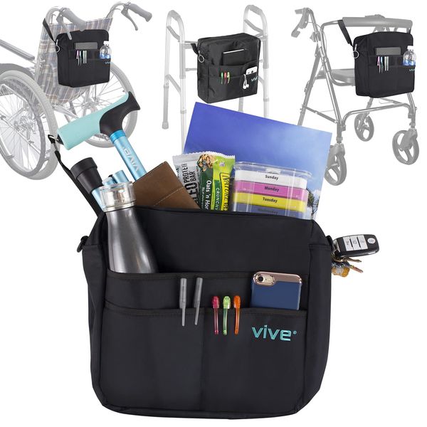 Vive Wheelchair Bag for Accessories - Fits Walkers, Rollators, and Chairs - Adjustable Senior Backpack - Folding Bag for Elderly Women, Rolling Tray Caddy Pouch Adult Tote Attachment, Water Resistant