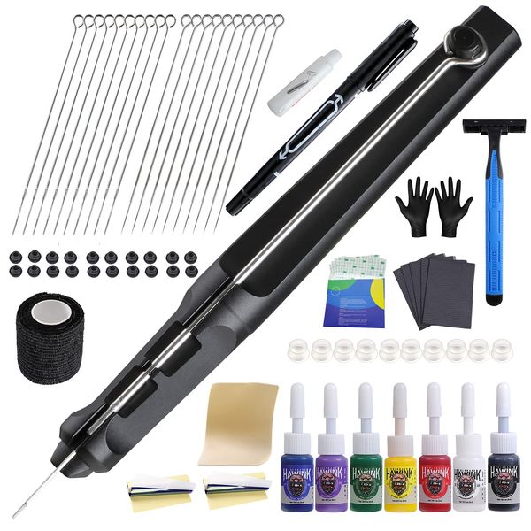 HAWINK Hand Tattoo Poke Stick Kit DIY Tattoo Tool Kit with 7 Ink 20 PCS Needles Aluminum Alloy Pen GK-HW801TN01-1