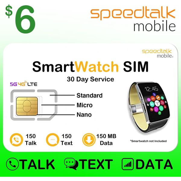 SpeedTalk Mobile Smartwatch SIM Card 150 Talk 150 Text 150MB Data 5G 4G LTE GSM Smart Watch and Wearable - 30 Days Wireless Service