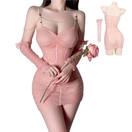 [Oceanmarina] Sexy Soft Yarn Wrap Dress, Sexy Lingerie-9193 Low Cut Seductive, Hip Seductive, Semi-See-through, Role Playing, Cosplay, Sexy, Extreme Cute, Gift, Honeymoon Nightwear, Set of 5, Powder