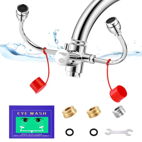 Huanyu Faucet Mounted Eyewash Station 360°Rotation Emergency Eye Wash Station Sink Attachment Adjustable Water Flow Direction First Aid Eye Wash Faucet for Lab Factory with 3 Adapters