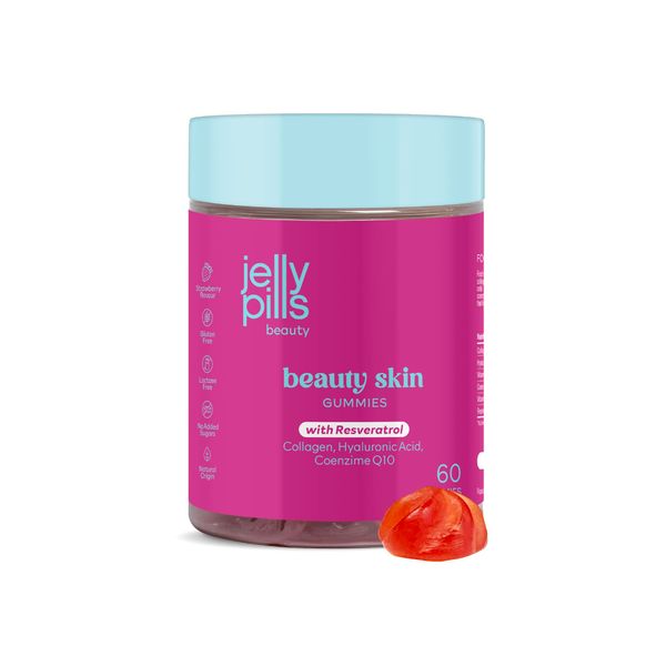 Jelly Pills® Hydrolysiertes Kollagen 500 mg + Hyaluronsäure, Resveratrol & CoQ10 Gummibärchen - 60 Vegane Gummibärchen - Ohne Zuckerzusatz - Erdbeergeschmack - Hautpflege & Anti-Aging