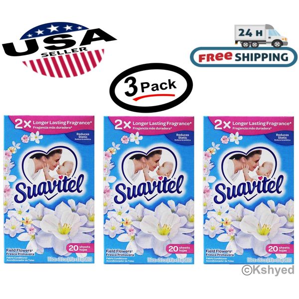 Suavitel Dryer Sheets Field Flowers Reduces Static 20 Count each (3 Pack) - New