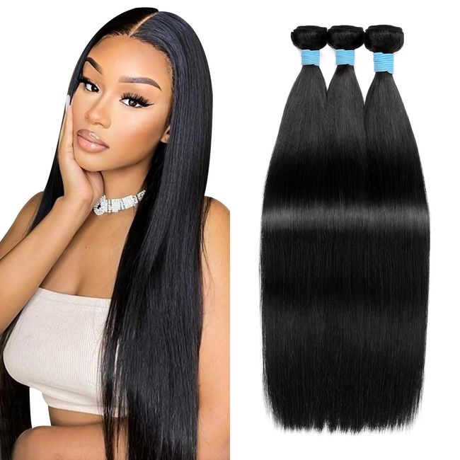 GTLCBD Straight Bundles Human Hair 20 22 24 Inches 100% Unprocessed Brazilian Virgin Human Hair Bundles Natural Color (20 22 24)