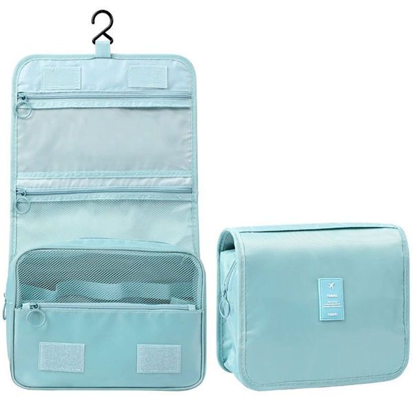 Travel Hanging Toiletry Wash Bag, Veyarien Folding Waterproof Makeup Cosmetic Bags Organizer for Women Ladies Girls (Light Blue)