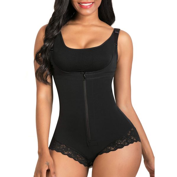 SHAPERX Women Shapewear Tummy Control Fajas Colombianas Body Shaper Zipper Open Bust Bodysuit,SZ7200-Black-L