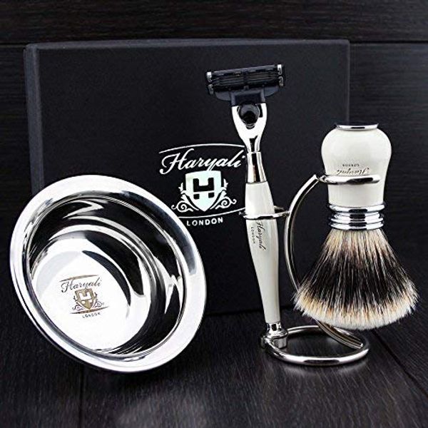 Men's Shaving Set in Ivory Colour with 3 Edge Razor,Sliver Tip Badger Hair Brush, Stand and Stainless Steel Bowl Newly Designed Kit for Him