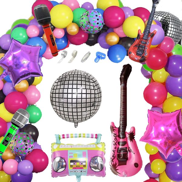 92 Pieces of 80s and 90s Themed Party Decoration Balloon Wreath Set, Including Inflatable Radio, Microphone, and Guitar, Suitable for Hip-Hop birthday Party Supplies