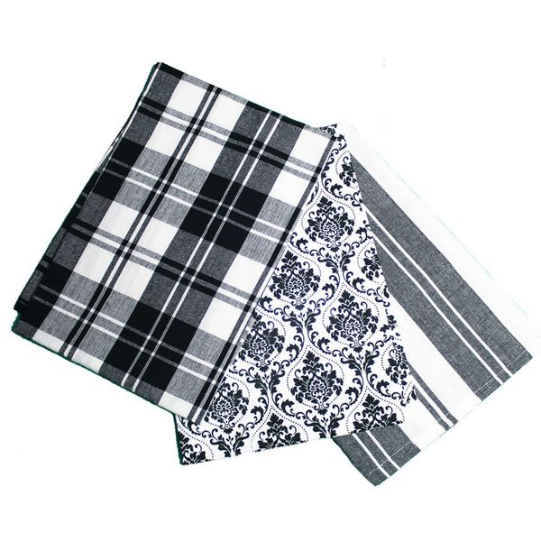 Prime Housewares Set of 3 Beautiful Design Tea Towels 45cm x 65cm Tea Towel Sets 100% Cotton (Black Damask)