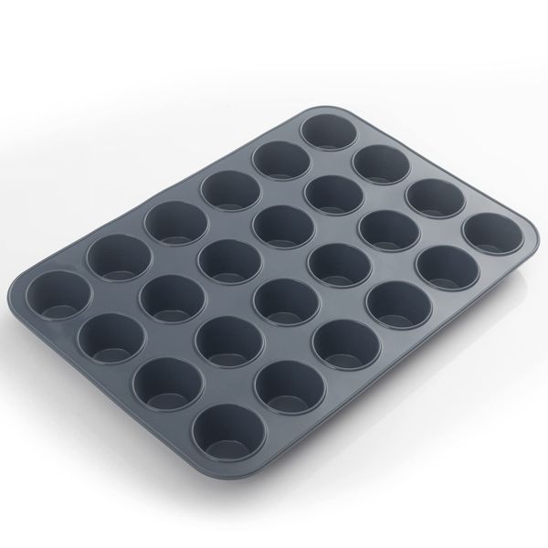 SUPER KITCHEN Mini Muffin Tray 24 Cup Silicone Muffins Pan, Non-Stick Cupcake Tin, Silicon Mould Bakeware, Reusable Baking Case for Mini Mince Pie, Cupcakes, Dishwasher Safe, 34 x 23 x 2.5 cm (Grey)