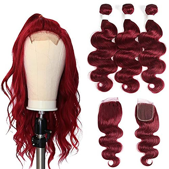 X-TRESS 3 Burgundy red Bundles with Closure 100% Human Hair Red Bundles with Closure Body Wave Bundles with Closure Red Hair Bundles Mixed Length (26 26 26+C20)