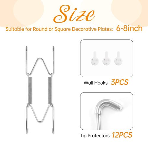 Bilillo 3 Pack Plate Hangers for The Wall, Suitable for 6-8 inch Art Plate, Stainless Steel Invisible Heavy Duty Wire Plate Holder with Wall Hooks, Plate Hangers for Displaying Plates, Silver