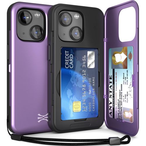 TORU CX Slim for iPhone 15 Case Wallet | Protective Shockproof Heavy Duty Cover with Hidden Card Holder & Card Slot | Mirror & Wrist Strap Included - Purple
