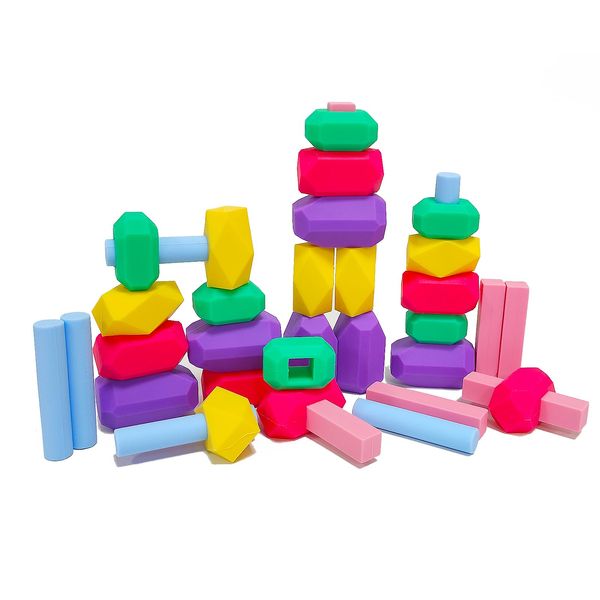 36 PCS Silicone Building Blocks Set for Kids Ages 3+ Years, Soft Colorful Toddler Blocks in 6 Colors and 6 Shapes, Safe Creative Toddler Toys, Stacking Blocks for Family Games Classroom Supplies