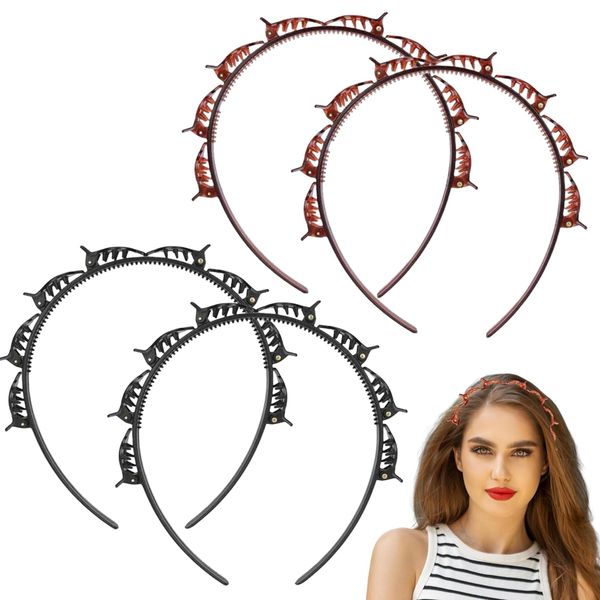 4 Pcs Double Bangs Hairstyle Hairpin,Headband with Clips,Teeth Comb Hair Hoop Headband with Clips Attached,Multi-Layer Hollow Woven Headbands for Women Girls Hair Styling Tools (Black & Brown)