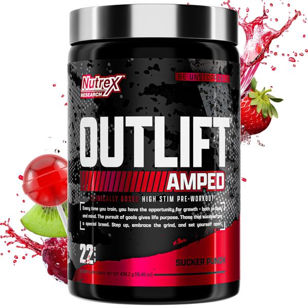 OUTLIFT Amped Max Dosed HIGH STIM Pre Workout Powder, 6G Citrulline, 3.2G Beta Alanine, Alpha GPC, CognatiQ, Extreme Energy, Massive Pumps, Strength, Electrolytes, Nootropics, Fruit Punch, 22 Servings