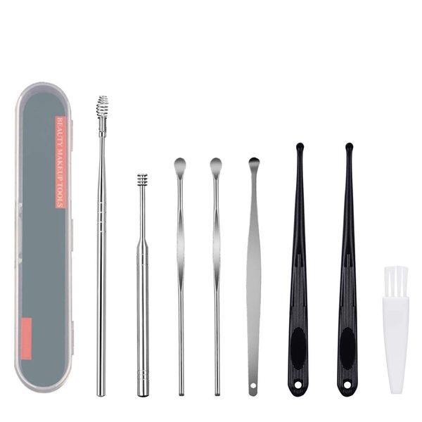 Felicey 8 Pcs Ear Pick,Ear Curette Cleaner,Ear Wax Removal Tool Kit with Storage Box and Cleaning Brush(Silver)