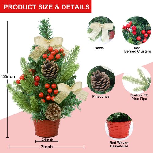 3 Pack 12 Inch Mini Christmas Tree Table Top Christmas Tree Office Decorated Basket Base Tabletop Miniature Trees for Desk Christmas Decorations Home Decor Xmas Indoor