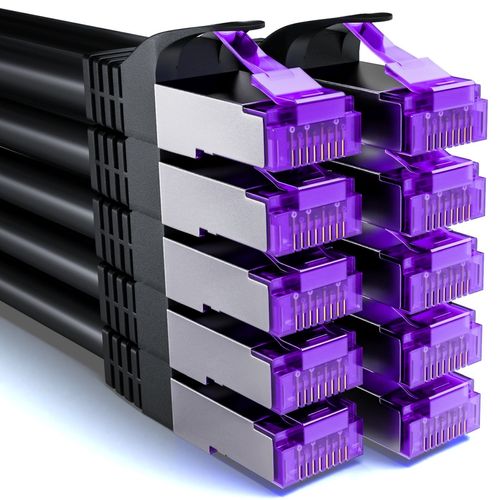 deleyCON 5 x 0.5 m Cat7 Network Cables, Short, 10 Gigabit, RJ45 Patch Ethernet Cable, Copper, SFTP PiMF Shielding, LAN, DSL for Switches, Modems, Router, Patch Panels, Cat6, Cat5 Compatible, Black