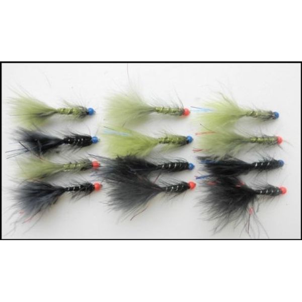 Trout Flies,Flash Damsels,12 per pack, Black and Olive Hothead, Blue & Red Flash
