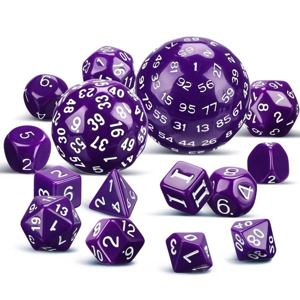 15 Pieces Complete Polyhedral Dice Set D3-D100 Spherical RPG Dice Set in Opaque Black, 100 Sides Dice Set for Role Playing Table Games Party Supplies (Purple and White)