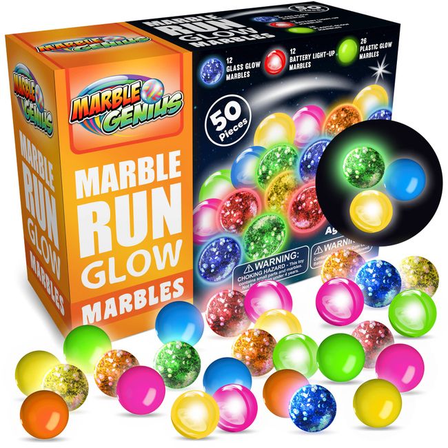 Marble Genius Marble Glow Run Race Track Set Glow in The Dark (50 pcs) STEM Educational Building Block Toy, Instruction App Access & Full Color Instruction Manual, Great Gift for Kids, Marbles