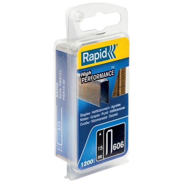 Rapid High-Performance Staples for Dense Materials, Narrow Crown No. 606, Leg Length 15mm, Staple Gun Staples, Resin-Coated Galvanised Steel, 1200 Pieces, Narrow Blister (40109528)