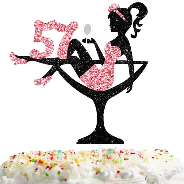 Sitting Girl Cake Topper Picks for Girl Lady 57th Birthday Makeup Spa Theme Party Decoration Supplies 57 Silhouette High Heeled Girl Cake Decor Rose Gold Glitter