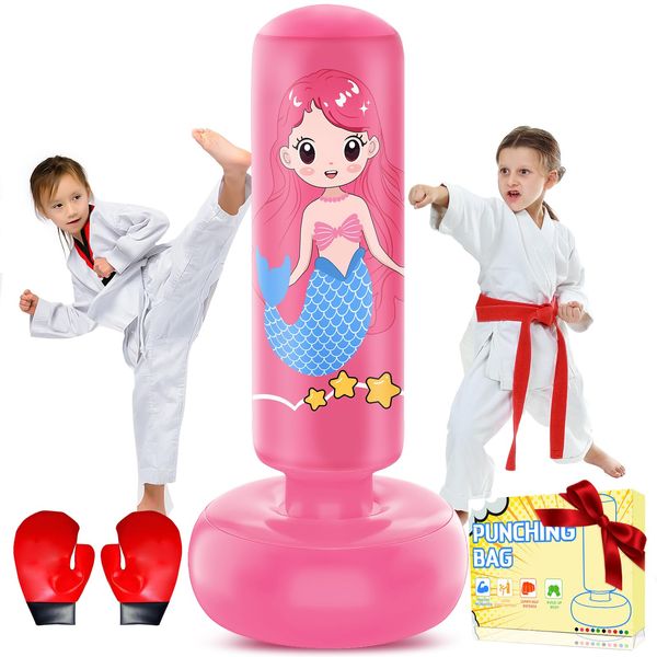 Inflatable Kids Punching Bags 3-8, 47'' Boxing Bag for Kids Kicking Bag with Kids Boxing Gloves Karate Bag Kids Boxing Set for Kids Training Karate Taekwondo MMA