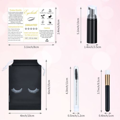 50 Pcs Lash Shampoo Bottle Brushes Set, Empty Lash Shampoo Bottles, Lash Shampoo Label Stickers, Mascara Wands and Tubes Eyelash Brush, Lash Cleansing Brushes, Bag for Lash Extensions Aftercare(Black)