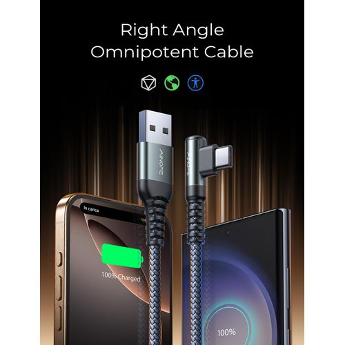 AINOPE USB C Cable [2-Pack, 6.6ft] 3.1A Type C Charger Fast Charging, Right Angle USB to USB C Cable Braided USBC Charger for Galaxy S10+ S10 S9, Note 10 9, LG V30, Moto, iPhone 16 15 Cord Type C