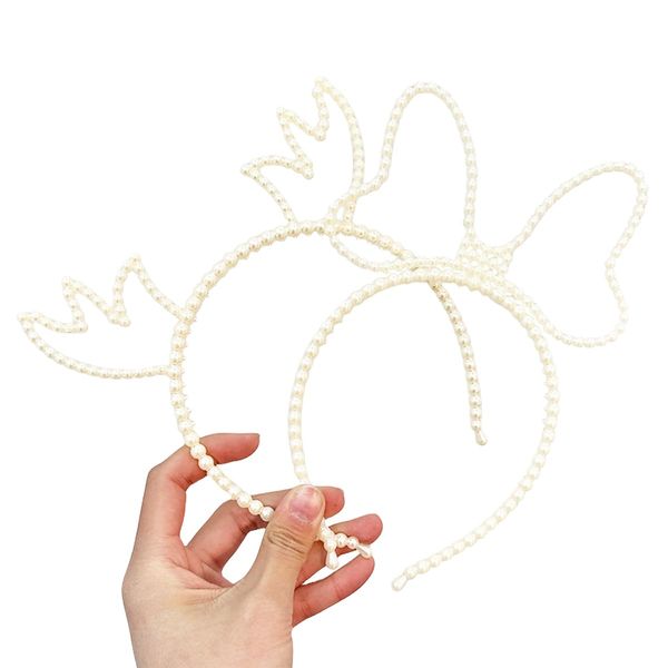 scicent Headbands for Women's Hair 2 Pieces White Pearls Hairbands White Artificial Pearl Elk Ear Hair Band Bow Hair Hoop Party Wedding Hair Accessories - 16021