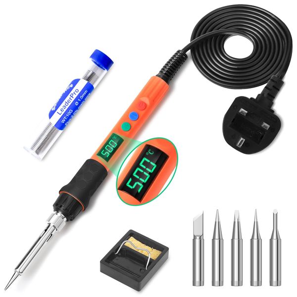 LeaderPro 120W LED Soldering Iron Kit, Ceramic Heating Core, Adjustable Temp 180-500°C, ON/Off Switch, with 10g Soldering Wire, 5 Soldering Iron Tips, Soldering Iron Stand, with New Hibernation Mode