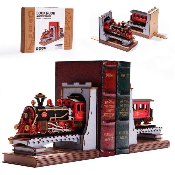 Wowood DIY Book Nook Kits Century Train, 3D Puzzle Book Stoppers for Shelves Magic Train, Wooden Decorative Bookends 1 Pair Bookend Supports, Creative Gifts/Crafts for Girls Boys Teens (Century Train)