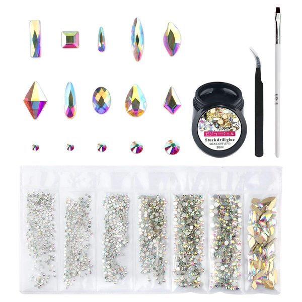 Nibiru Crystal AB Round & Multi-Shape Glass Nail Rhinestone Set(1728+60pcs), Flatback Gems Stones For Nails Decorations (1728+60 pcs Rhinestones with Glue)