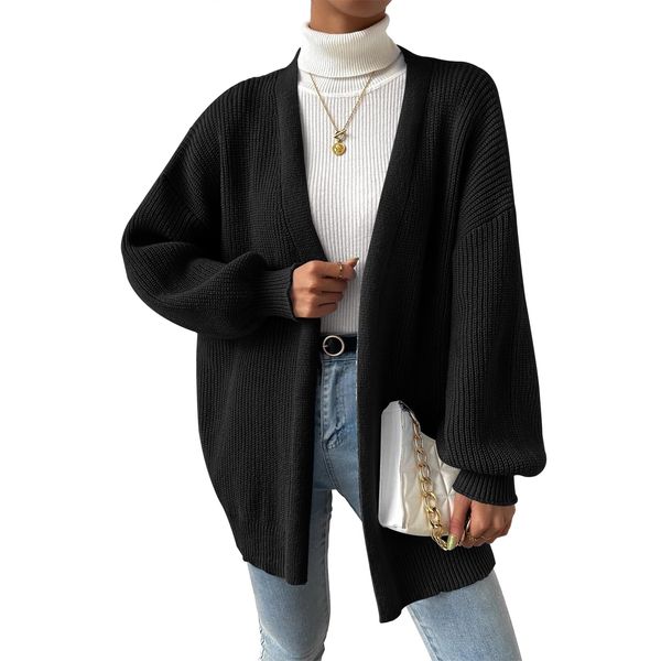 EliteLand Women's Open Front Cardigan Sweater Causal Loose Long Sleeve Thick Solid Soft Knit Outwear Black