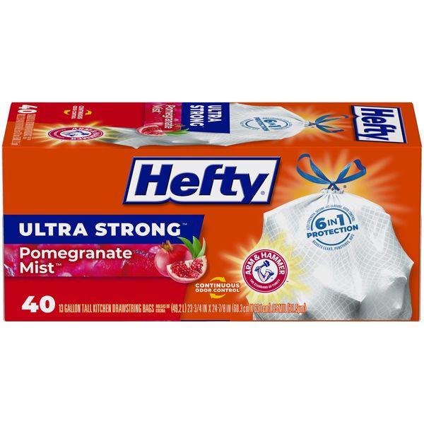 Hefty Ultra Strong Tall Kitchen Drawstring Trash Bag, Pomegranate Mist, 40 Count