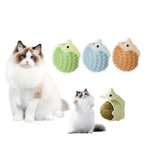 MTKO 3 Packs 2 in 1 Catnip Ball，Multi-Functional Interactive Cat Toy, Hedgehog Scratcher with Replaceable Catnip Ball,Moisture and Dust Resistant, Easy to Stick on Various Surfaces (3 Color