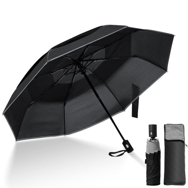 flinelife Men's Folding Umbrella, 2022 Release, One-click Automatic Open/Close, 9.2 oz (260 g), Ultra Lightweight, 8 Ribs, Foldable, Unisex, Water Repellent, Quick Drying, Strong Wind Resistance, Portable, Super Absorbent Umbrella Cover Included, ブラック（防風）