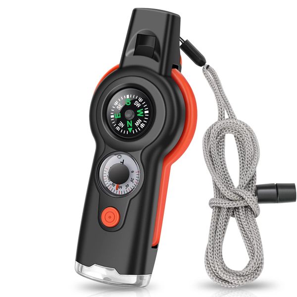 7-in-1 Emergency Survival Function Whistle, Outdoor Multifunctional Tool Safety Whistle with Lanyard, Ideal for Kayaking, Boating, Hiking, Camping, Climbing, Hunting, Fishing, Rescue Signaling