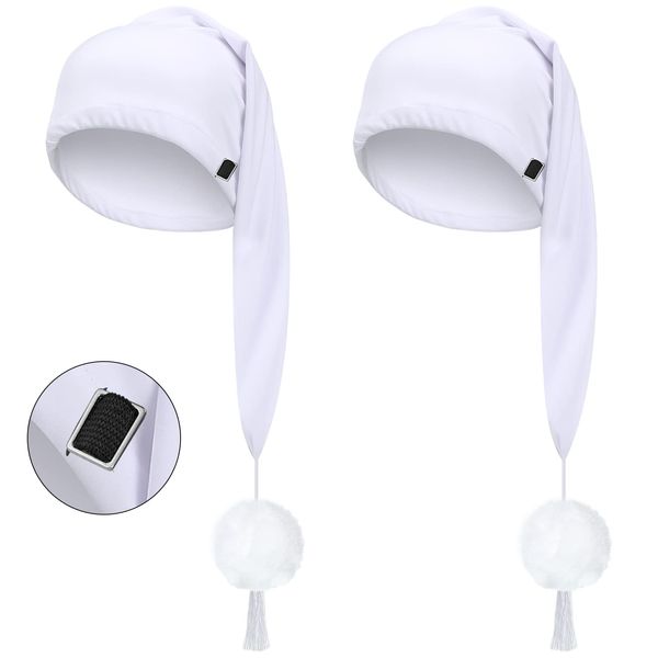 2 Pcs Silk Night Sleeping Cap Men Adjustable Stocking Cap Drawstring Night Sleeping Cap with Pom Ball for Daily Use (White)