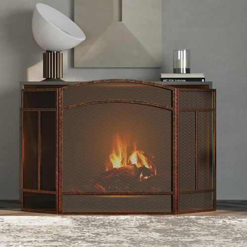 Wrought Iron 3 Panel Fireplace Screen 48" x 29" Spark Guard Brushed Copper