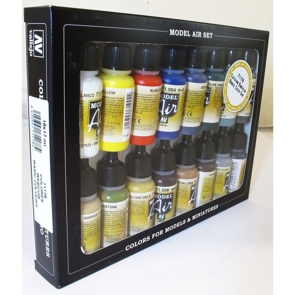 Vallejo Basic Colors: Acrylic 16 Airbrush Paint Set for Model & Hobby 71178, Black, 0.57 Fl Oz (Pack of 16)