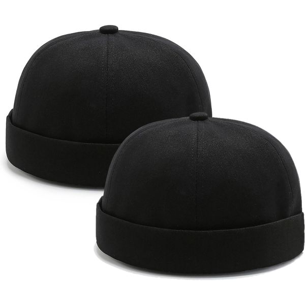 2 Pcs Mens Black Brimless Docker Cap Skull Cap Worker Sailor Cap Rolled Cuff Retro Beanie