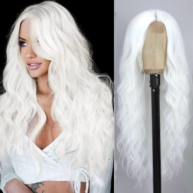 Sabosi Long White Wigs for Women 26 inch Hair Wig, White Long Wigs for Cosplay, Heat Resistant Synthetic Wig, White Curly Wig, White Halloween Wig