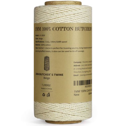 TJ.MOREE Butchers Twine, 3Ply 100m/328 1mmThick Feet String Food Oven Safe Cotton Cooking Meat Rope Bakers Twine Fit to Parcel Sausage and Decorate Crafts (Beige)